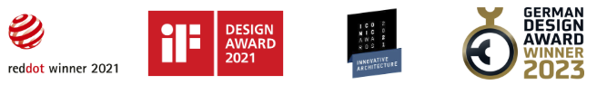 Design-Auszeichnungen für Basalte Fibonacci: Red Dot Winner 2021, iF Design Award 2021, Iconic Award Innovative Architecture, German Design Award Winner 2023