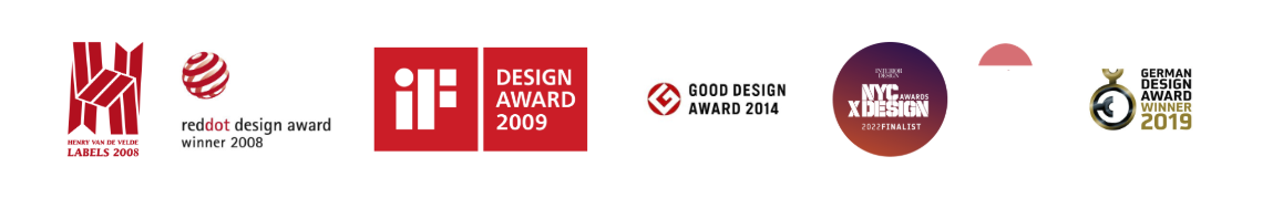 Design-Auszeichnungen für Basalte Sentido: Henry van de Velde Labels, Red Dot, iF Design Award, GOOD Design Award, NYC x Design, German Design Award