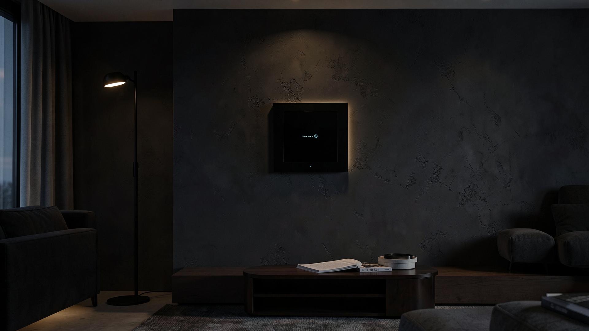 Basalte Touch-Display an dunkler Wand in einem hochwertigen Wohnraum