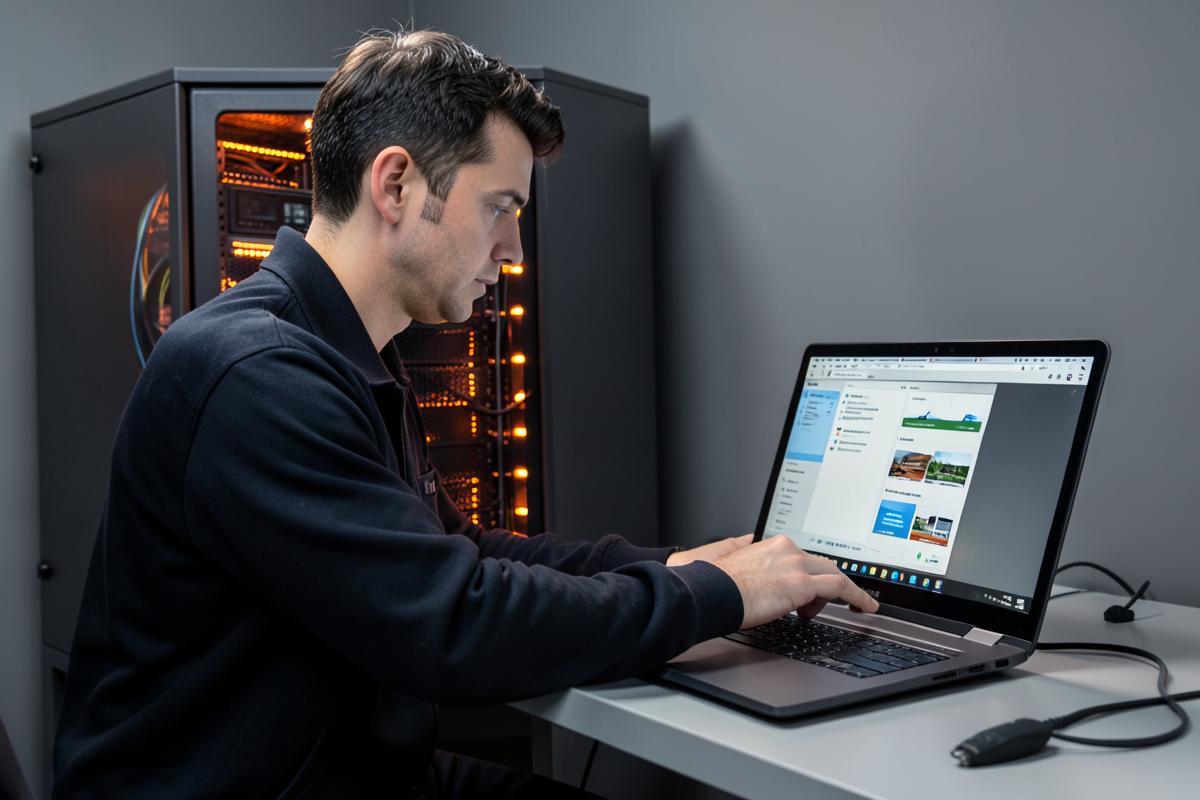 Techniker programmiert einen Loxone-Server im Serverschrank
