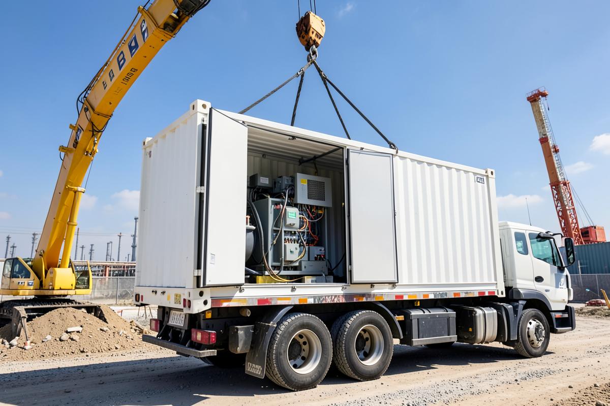 Container-Trafostation wird per Kran auf einen LKW gehoben